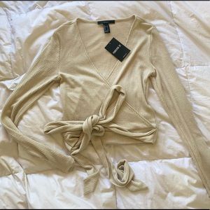 NWT Cream faux wrap crop sweater with tie waist!